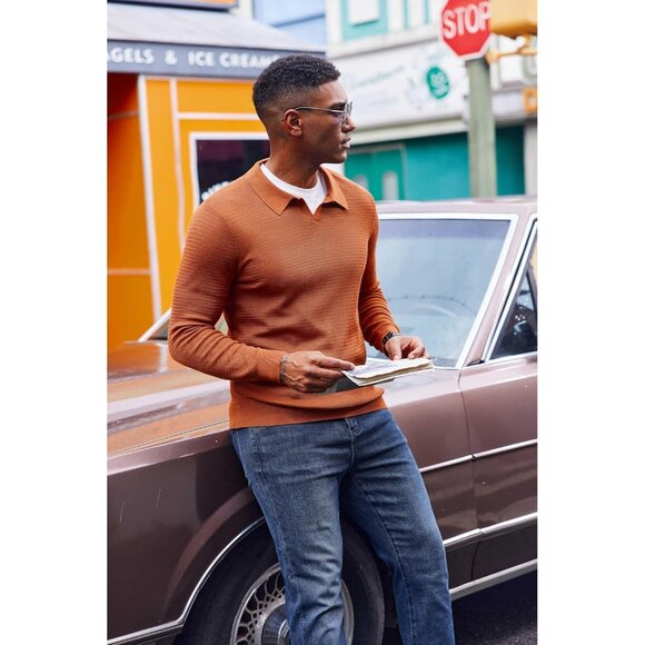 Men's Knit Polo Sweater V-Neck Long Sleeve Dress Pullover Sweater Light Brown - Picture 3 of 5